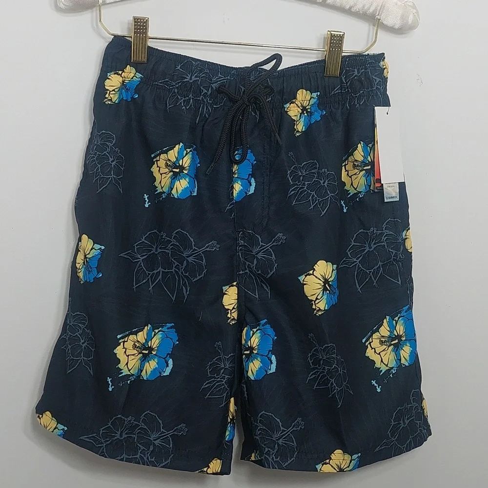 Burnside Boy's Size Small Swim Trunks Shorts Blue Yellow Tropical Vacation Vibes